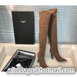 Grade Saint Laurent Suede Over-Knee High Boots 10cm Brown 909131