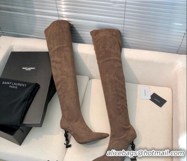 Grade Saint Laurent Suede Over-Knee High Boots 10cm Brown 909131