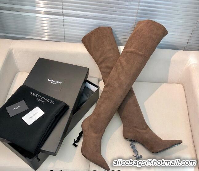 Grade Saint Laurent Suede Over-Knee High Boots 10cm Brown 909131