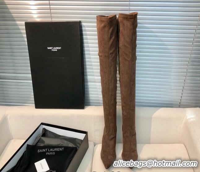 Grade Saint Laurent Suede Over-Knee High Boots 10cm Brown 909131