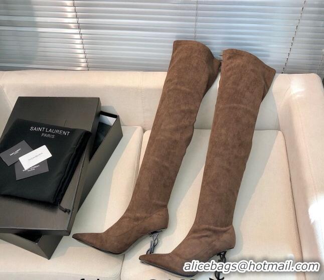 Grade Saint Laurent Suede Over-Knee High Boots 10cm Brown 909131