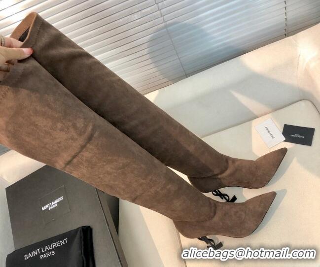 Grade Saint Laurent Suede Over-Knee High Boots 10cm Brown 909131