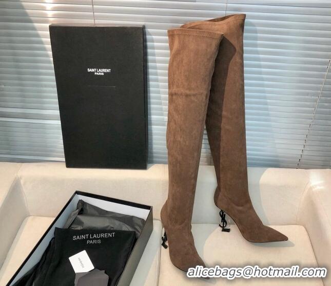 Grade Saint Laurent Suede Over-Knee High Boots 10cm Brown 909131