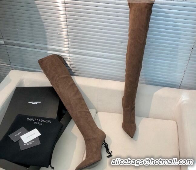 Grade Saint Laurent Suede Over-Knee High Boots 10cm Brown 909131