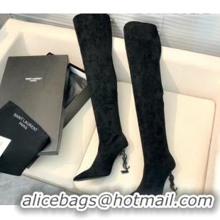 Sumptuous Saint Laurent Suede Over-Knee High Boots 10cm Black 909132