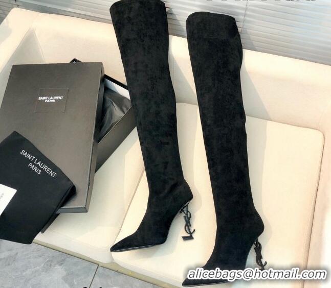 Sumptuous Saint Laurent Suede Over-Knee High Boots 10cm Black 909132