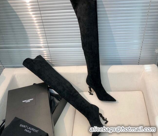 Sumptuous Saint Laurent Suede Over-Knee High Boots 10cm Black 909132