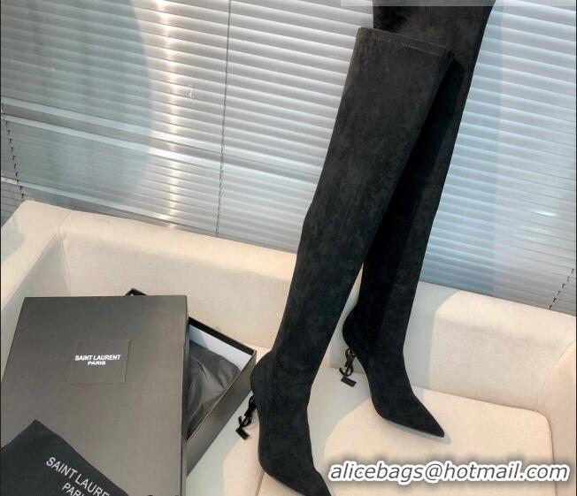 Sumptuous Saint Laurent Suede Over-Knee High Boots 10cm Black 909132