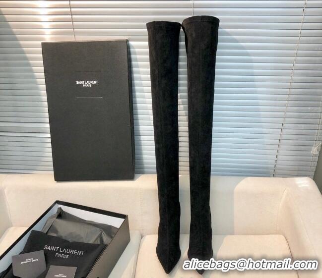 Sumptuous Saint Laurent Suede Over-Knee High Boots 10cm Black 909132