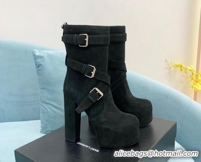 Perfect Saint Laurent Cherry Buckle Suede Platform Boots 14.5cm Black 91282