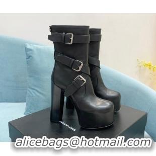 Luxury Saint Laurent Cherry Buckle Leather Platform Boots 14.5cm Black 091283