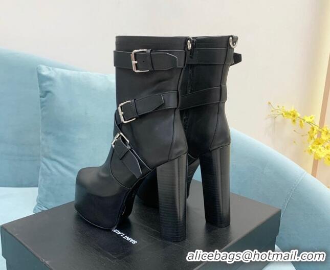 Luxury Saint Laurent Cherry Buckle Leather Platform Boots 14.5cm Black 091283