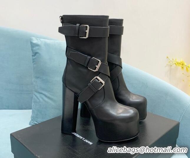 Luxury Saint Laurent Cherry Buckle Leather Platform Boots 14.5cm Black 091283