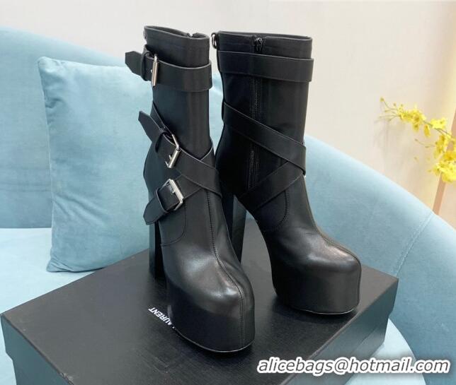 Luxury Saint Laurent Cherry Buckle Leather Platform Boots 14.5cm Black 091283