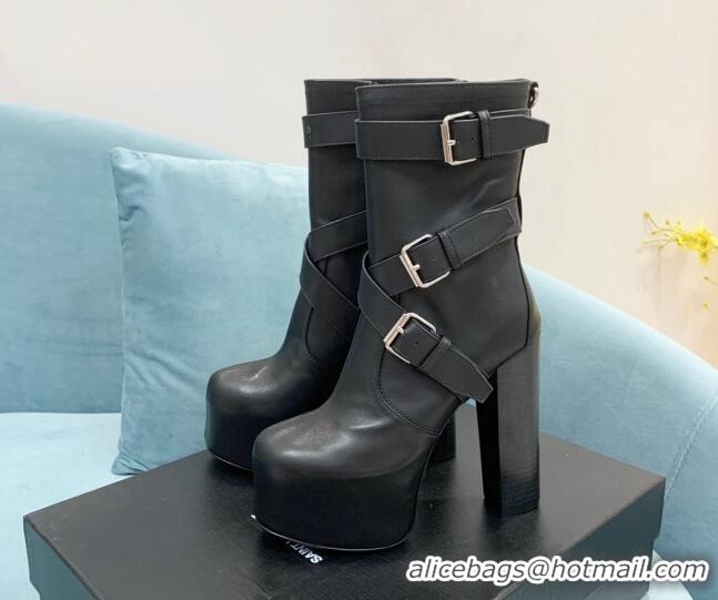 Luxury Saint Laurent Cherry Buckle Leather Platform Boots 14.5cm Black 091283