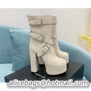 Stylish Saint Laurent Cherry Buckle Suede Platform Boots 14.5cm White 091284