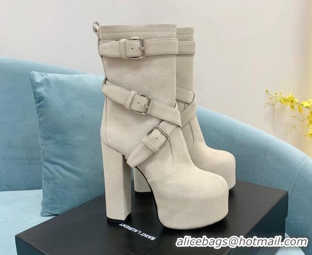 Stylish Saint Laurent Cherry Buckle Suede Platform Boots 14.5cm White 091284