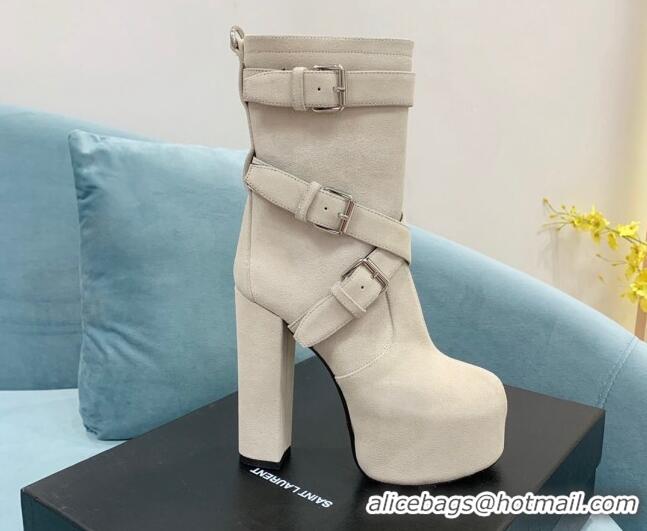 Stylish Saint Laurent Cherry Buckle Suede Platform Boots 14.5cm White 091284