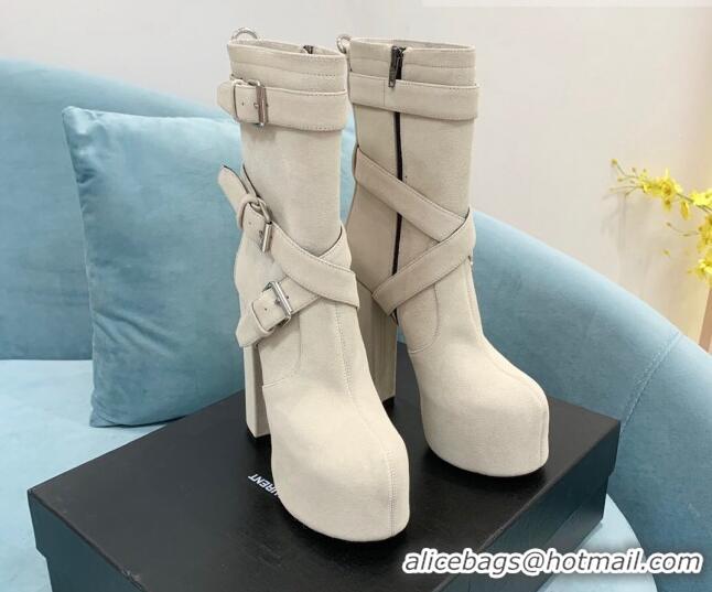 Stylish Saint Laurent Cherry Buckle Suede Platform Boots 14.5cm White 091284