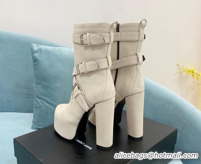 Stylish Saint Laurent Cherry Buckle Suede Platform Boots 14.5cm White 091284