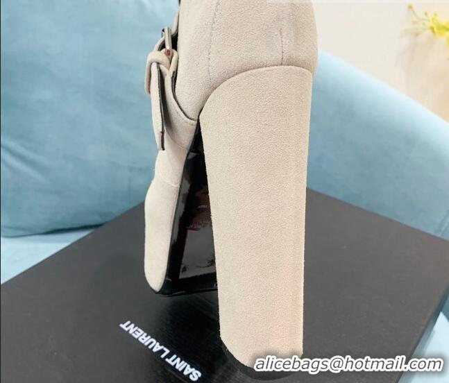 Stylish Saint Laurent Cherry Buckle Suede Platform Boots 14.5cm White 091284