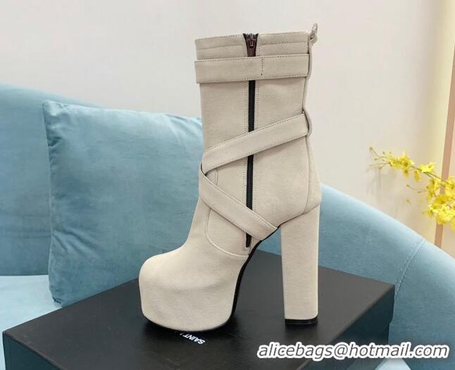 Stylish Saint Laurent Cherry Buckle Suede Platform Boots 14.5cm White 091284