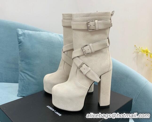 Stylish Saint Laurent Cherry Buckle Suede Platform Boots 14.5cm White 091284