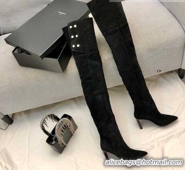 Discount Saint Laurent Jane Over-the-knee Boots in Suede Calfskin Leather Black 926076