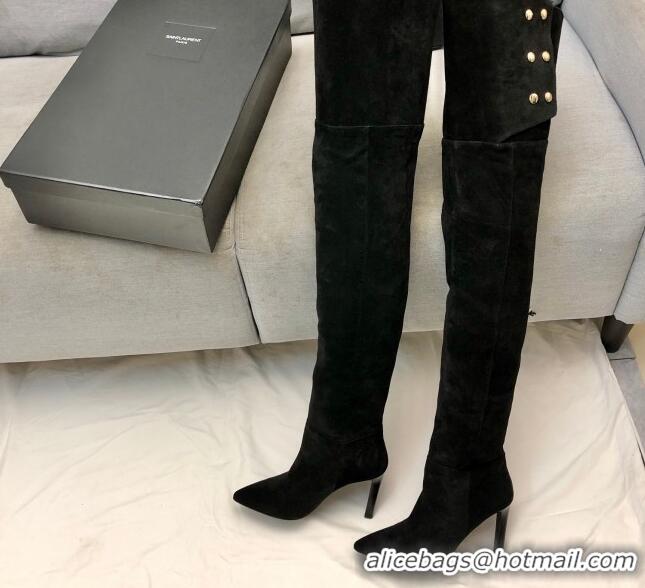 Discount Saint Laurent Jane Over-the-knee Boots in Suede Calfskin Leather Black 926076