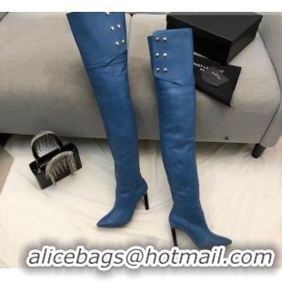 Hot Style Saint Laurent Jane Over-the-knee Boots in Calfskin Leather Blue 926078