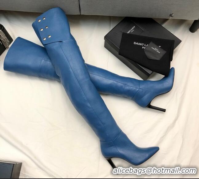 Hot Style Saint Laurent Jane Over-the-knee Boots in Calfskin Leather Blue 926078