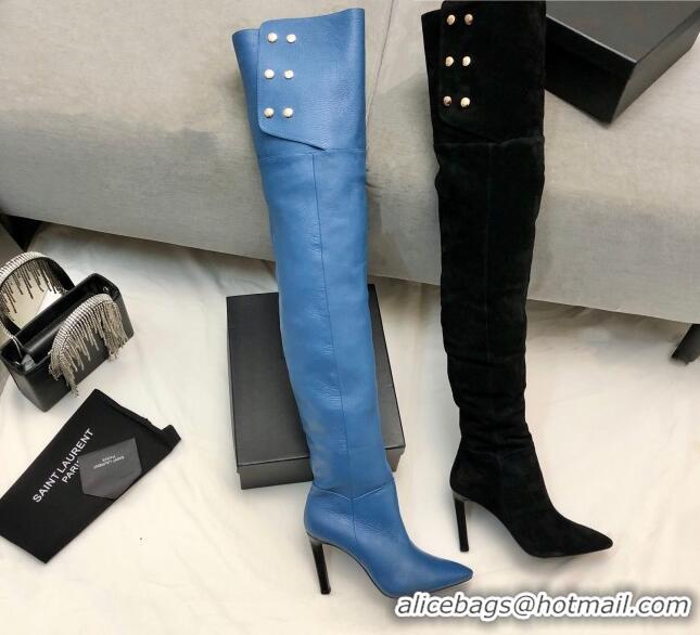 Hot Style Saint Laurent Jane Over-the-knee Boots in Calfskin Leather Blue 926078