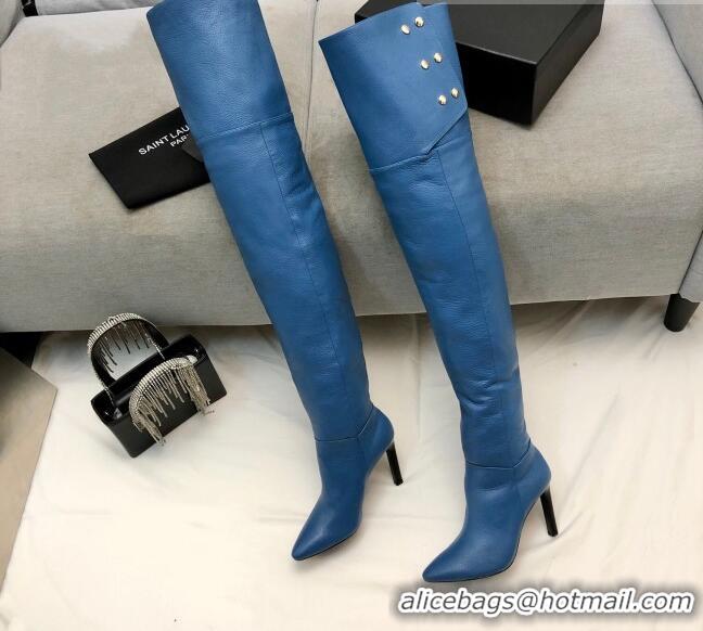 Hot Style Saint Laurent Jane Over-the-knee Boots in Calfskin Leather Blue 926078