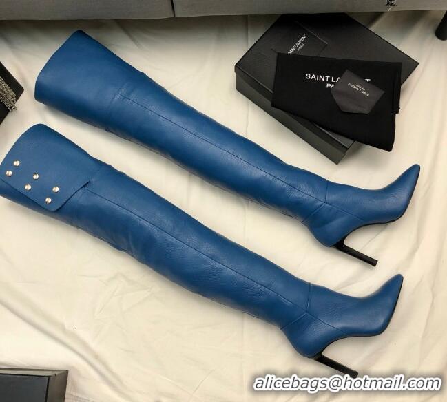 Hot Style Saint Laurent Jane Over-the-knee Boots in Calfskin Leather Blue 926078