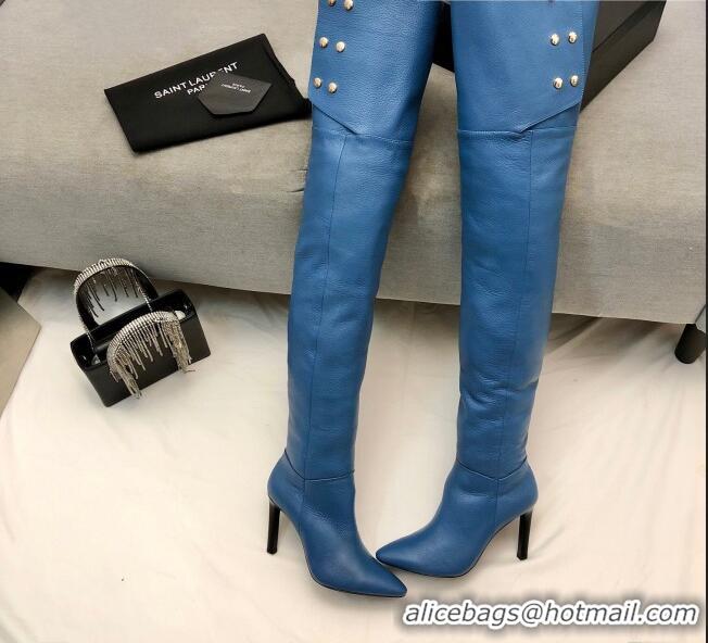 Hot Style Saint Laurent Jane Over-the-knee Boots in Calfskin Leather Blue 926078