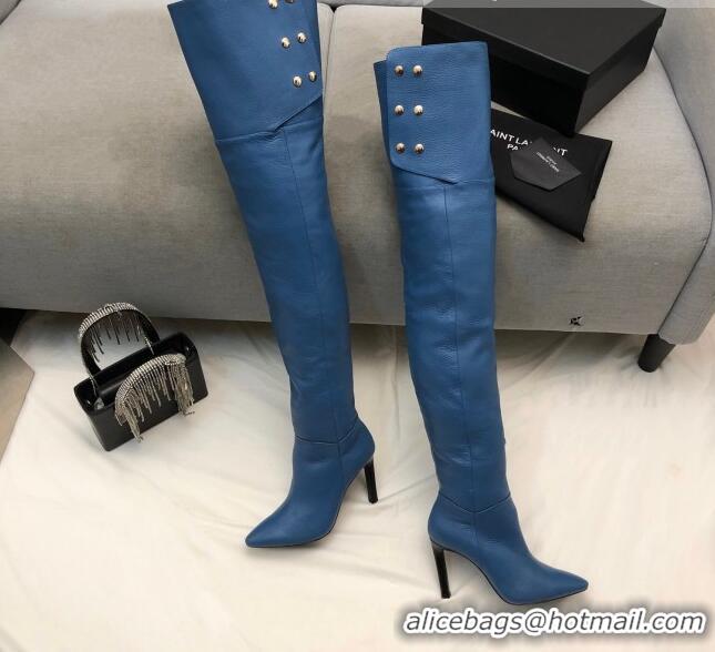 Hot Style Saint Laurent Jane Over-the-knee Boots in Calfskin Leather Blue 926078