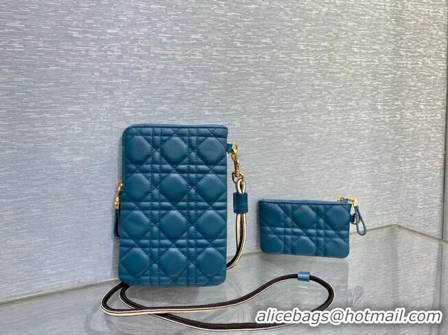 Top Quality DIOR CARO MULTIFUNCTIONAL POUCH Supple Cannage Calfskin S5036UW Blue