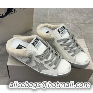 Sumptuous Golden Goose GGDB Super-Star Sabots Mule Sneakers in Leather and Shearling White 101002 