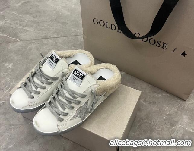 Sumptuous Golden Goose GGDB Super-Star Sabots Mule Sneakers in Leather and Shearling White 101002 