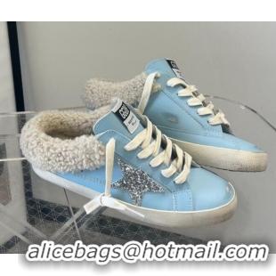 Perfect Golden Goose GGDB Super-Star Sabots Mule Sneakers in Leather and Shearling Blue 2101003