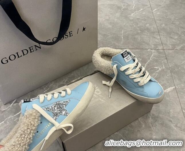 Perfect Golden Goose GGDB Super-Star Sabots Mule Sneakers in Leather and Shearling Blue 2101003