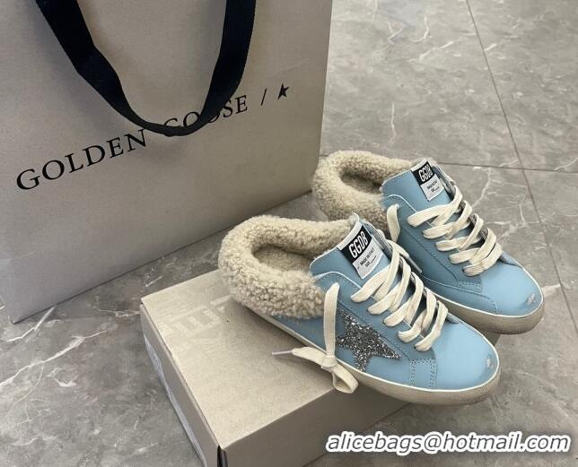 Perfect Golden Goose GGDB Super-Star Sabots Mule Sneakers in Leather and Shearling Blue 2101003