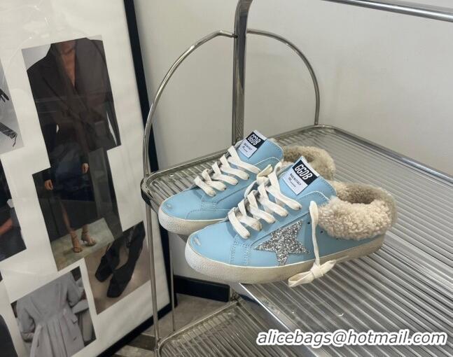 Perfect Golden Goose GGDB Super-Star Sabots Mule Sneakers in Leather and Shearling Blue 2101003