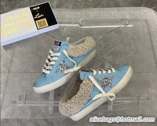 Perfect Golden Goose GGDB Super-Star Sabots Mule Sneakers in Leather and Shearling Blue 2101003