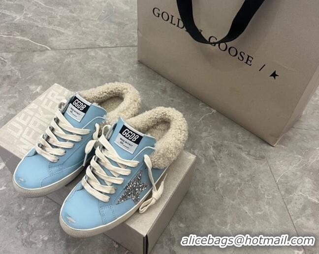 Perfect Golden Goose GGDB Super-Star Sabots Mule Sneakers in Leather and Shearling Blue 2101003