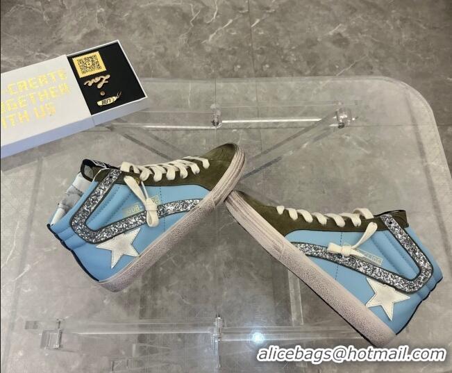 Low Cost Golden Goose GGDB Slide High-top Sneakers in Leather and Suede Blue/Green 2101008