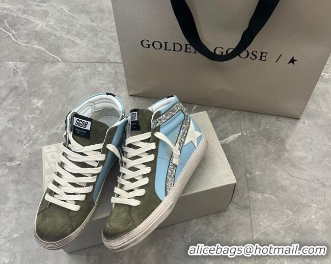 Low Cost Golden Goose GGDB Slide High-top Sneakers in Leather and Suede Blue/Green 2101008