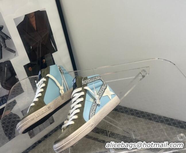 Low Cost Golden Goose GGDB Slide High-top Sneakers in Leather and Suede Blue/Green 2101008