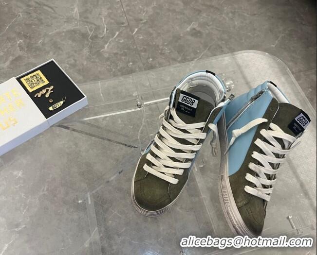 Low Cost Golden Goose GGDB Slide High-top Sneakers in Leather and Suede Blue/Green 2101008