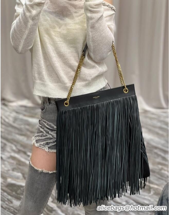 Good Product SAINT LAURENT MEDIUM CHAIN BAG WITH FRINGES 633752 BLACKapricot&GOLD